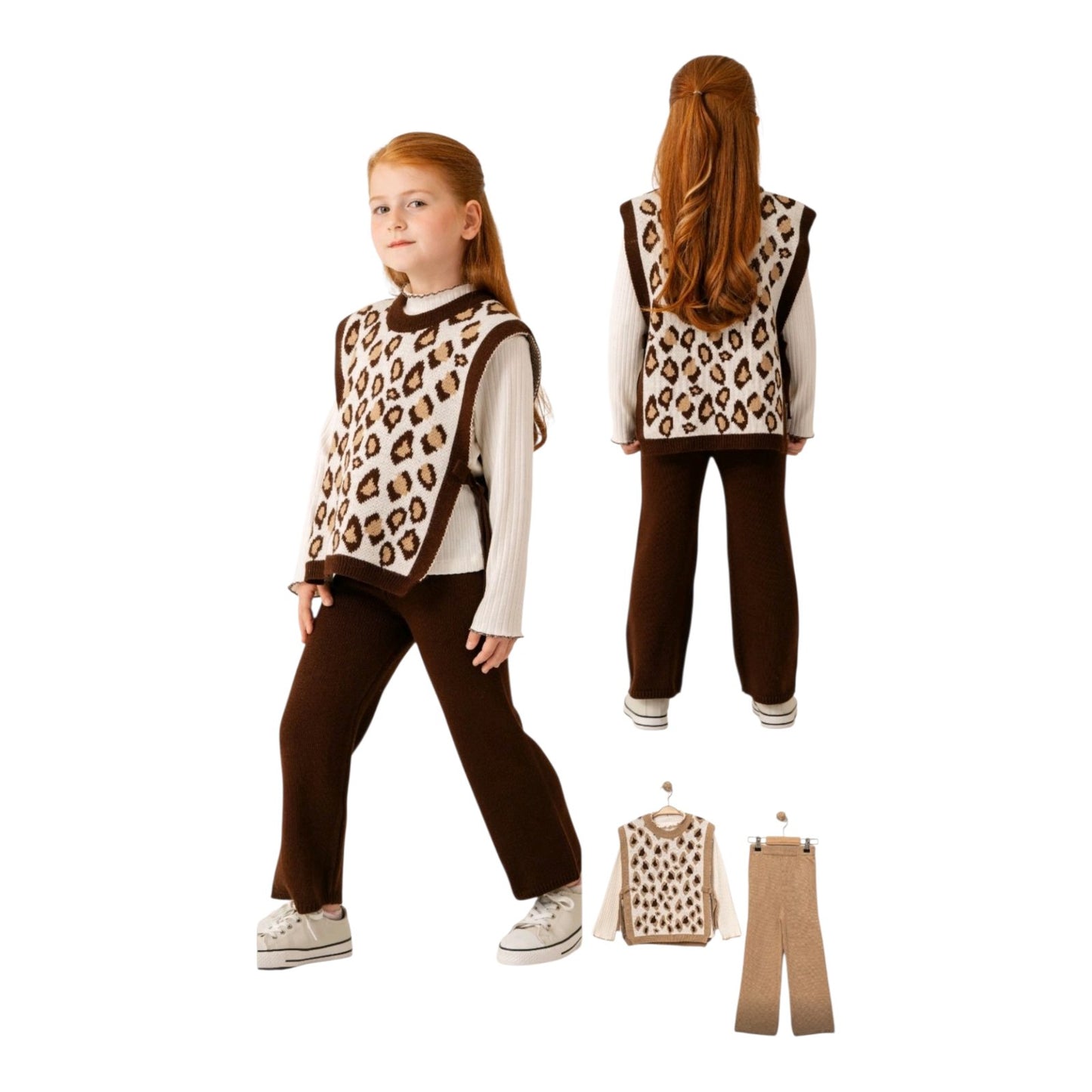 Παιδικό Πλεκτό Σετ Κοριτσιού 3 τμχ – Πλεκτό Γιλέκο, Πλεκτό Παντελόνι & Βαμβακερή Μπλούζα
