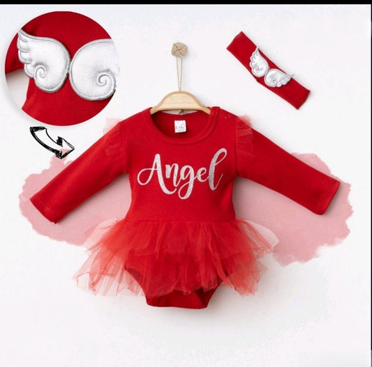 Βρεφικό Κορμάκι “Angel” με Τούλινη Φουστίτσα & Κορδέλα Μαλλιών (Σετ 2 τμχ)